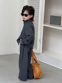 DAZY Young Boys Stand Collar Striped Loose Casual Jacket + Straight Leg Pants Striped 2 Pieces Set Fall - Dark Grey - View 5