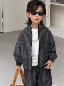 DAZY Young Boys Stand Collar Striped Loose Casual Jacket + Straight Leg Pants Striped 2 Pieces Set Fall - Dark Grey - View 8
