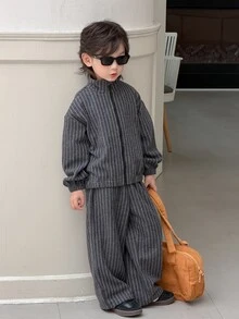 DAZY Young Boys Stand Collar Striped Loose Casual Jacket + Straight Leg Pants Striped 2 Pieces Set Fall - Dark Grey - View 1
