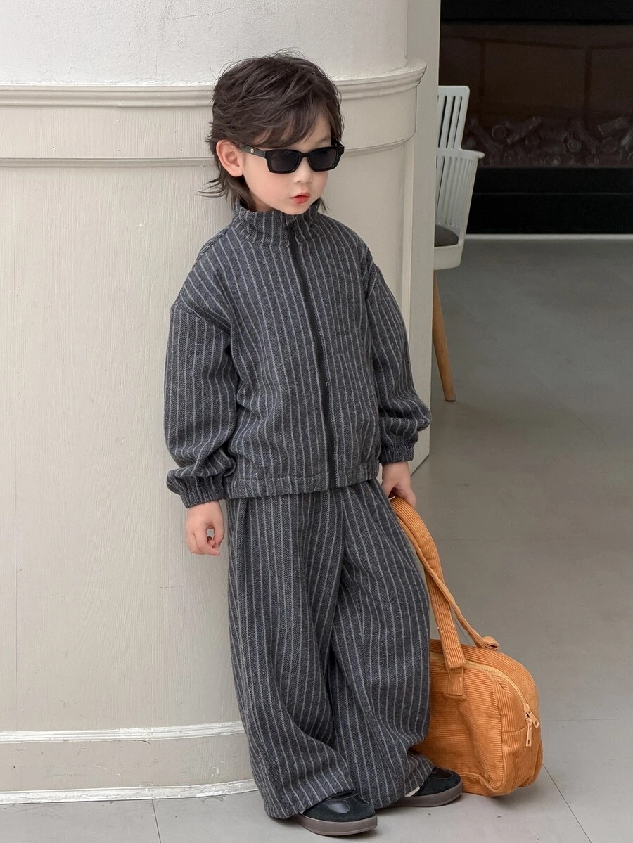 DAZY Young Boys Stand Collar Striped Loose Casual Jacket + Straight Leg Pants Striped 2 Pieces Set Fall - Dark Grey - View 1