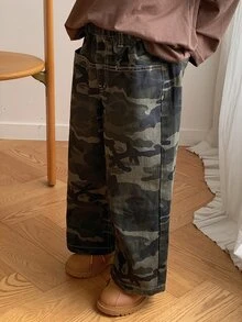 DAZY Boys (Small) Straight Leg Casual Camouflage Loose Fit Autumn/Winter Long Jeans - Army Green - View 9