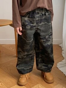 DAZY Boys (Small) Straight Leg Casual Camouflage Loose Fit Autumn/Winter Long Jeans - Army Green - View 7