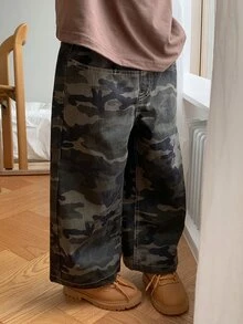 DAZY Boys (Small) Straight Leg Casual Camouflage Loose Fit Autumn/Winter Long Jeans - Army Green - View 3