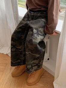 DAZY Boys (Small) Straight Leg Casual Camouflage Loose Fit Autumn/Winter Long Jeans - Army Green - View 6