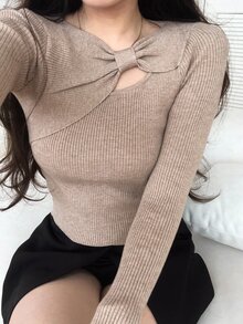 DAZY Sweater Rajut Lengan Panjang Berongga dengan Hiasan Pita dan Tali Pengikat untuk Wanita, Gaya Korea Musim Gugur - Khaki - View 5