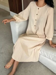 DAZY فستان ملابس منزلية نسائي فضفاض بلون موحد بأسلوب بسيط للصيف والخريف والعطلات - بيج - مشاهدة 10