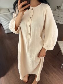 DAZY فستان ملابس منزلية نسائي فضفاض بلون موحد بأسلوب بسيط للصيف والخريف والعطلات - بيج - مشاهدة 11