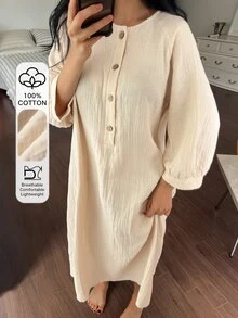 DAZY فستان ملابس منزلية نسائي فضفاض بلون موحد بأسلوب بسيط للصيف والخريف والعطلات - بيج - مشاهدة 5