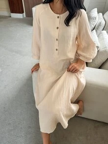 DAZY فستان ملابس منزلية نسائي فضفاض بلون موحد بأسلوب بسيط للصيف والخريف والعطلات - بيج - مشاهدة 8