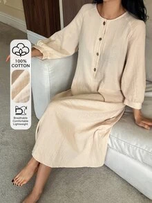 DAZY فستان ملابس منزلية نسائي فضفاض بلون موحد بأسلوب بسيط للصيف والخريف والعطلات - بيج - مشاهدة 6