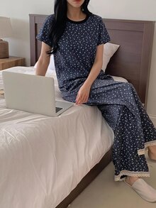DAZY 2pcs Ditsy Floral Colorblock Short Sleeve T-Shirt & Long Pajama Pants Set, Summer Women's Sleepwear - Navy Blue - View 5