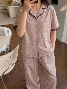 DAZY 2pcs/Set Women's Summer Pajama Set, Polka Dot All-Over Print Lace Patchwork Short Sleeve Cardigan Top & Straight Long Pants - Pink - View 5