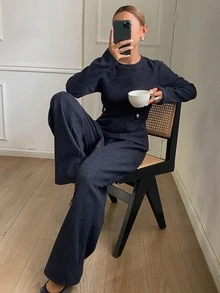 Livesso Setelan Wanita Kasual Elegan untuk Berkomuter ke Kantor, Atasan dan Celana Warna Polos, 2 Potong, Biru Tua Musim Gugur - Navy Blue - View 3