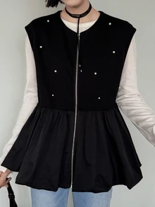 FRIFUL Women's Early Autumn New Korean Style Beaded Decor Layered Hem Pleated Ruffle Tank Top - Black - View 5