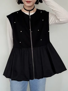 FRIFUL Women's Early Autumn New Korean Style Beaded Decor Layered Hem Pleated Ruffle Tank Top - Black - View 7