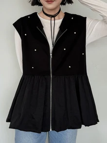 FRIFUL Women's Early Autumn New Korean Style Beaded Decor Layered Hem Pleated Ruffle Tank Top - Black - View 3