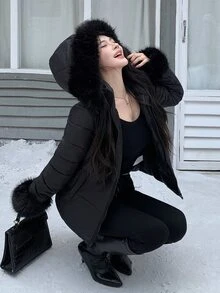 DAZY Solid Color Fitted Waist Long Sleeve Hooded Fur Collar Elegant Autumn/Winter Women's Padded Coat Jacket Y2k - Black - View 4