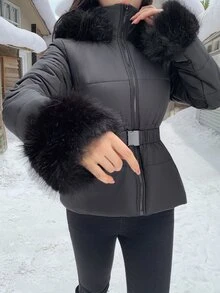 DAZY Solid Color Fitted Waist Long Sleeve Hooded Fur Collar Elegant Autumn/Winter Women's Padded Coat Jacket Y2k - Black - View 7