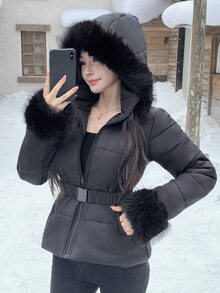 DAZY Solid Color Fitted Waist Long Sleeve Hooded Fur Collar Elegant Autumn/Winter Women's Padded Coat Jacket Y2k - Black - View 5