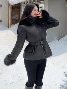 DAZY Solid Color Fitted Waist Long Sleeve Hooded Fur Collar Elegant Autumn/Winter Women's Padded Coat Jacket Y2k - Black - View 6