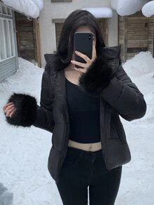 DAZY Solid Color Fitted Waist Long Sleeve Hooded Fur Collar Elegant Autumn/Winter Women's Padded Coat Jacket Y2k - Black - View 3