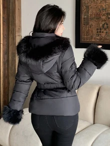 DAZY Solid Color Fitted Waist Long Sleeve Hooded Fur Collar Elegant Autumn/Winter Women's Padded Coat Jacket Y2k - Black - View 2