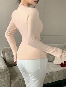 DAZY Cardigan Rajut Patchwork Kancing Renda Modis untuk Wanita, Cocok untuk Musim Gugur - Krem - View 2