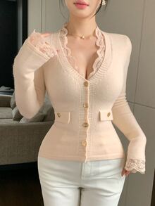 DAZY Cardigan Rajut Patchwork Kancing Renda Modis untuk Wanita, Cocok untuk Musim Gugur - Krem - View 1