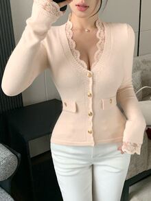 DAZY Cardigan Rajut Patchwork Kancing Renda Modis untuk Wanita, Cocok untuk Musim Gugur - Krem - View 5