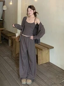 DAZY Set Kasual Wanita Lengan Panjang Bergaris, Kardigan, Kamisol, dan Celana Panjang untuk Musim Gugur - Coklat - View 6