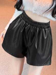 DAZY Women's Solid Color Elastic Waist PU Leather Loose Shorts Summer Halloween Night Going Out Clubbing Black Grunge Sexy Punk - Black - View 1
