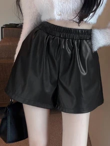 DAZY Women's Solid Color Elastic Waist PU Leather Loose Shorts Summer Halloween Night Going Out Clubbing Black Grunge Sexy Punk - Black - View 3