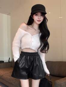 DAZY Women's Solid Color Elastic Waist PU Leather Loose Shorts Summer Halloween Night Going Out Clubbing Black Grunge Sexy Punk - Black - View 8