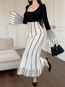DAZY Women's Autumn/Winter Elegant Colorblock Striped Flare Sleeve Knit Dress - Black - View 8