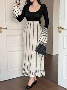 DAZY Women's Autumn/Winter Elegant Colorblock Striped Flare Sleeve Knit Dress - Black - View 6