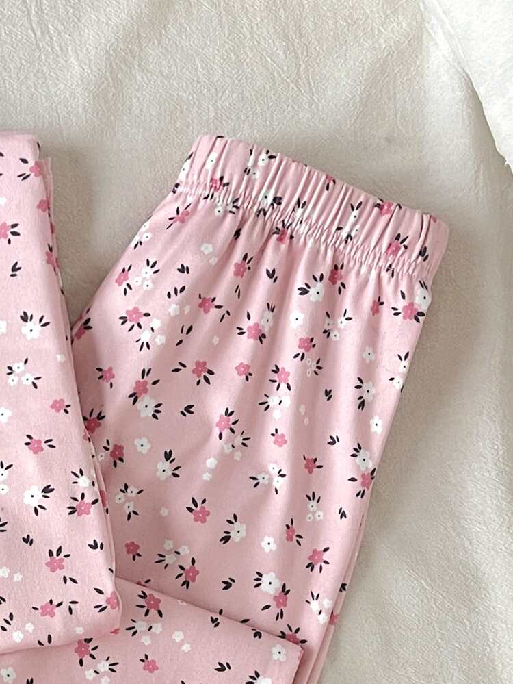 SHEIN KidsTween Girl Fitted Long Sleeve Long Pants Floral Pink Pajama Set - Pink - View 3