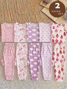 SHEIN 兒童青少年女孩修身長袖長褲花卉粉色睡衣套裝 - 粉色 - 查看 5
