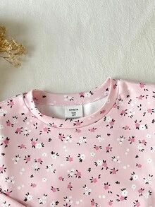 SHEIN 兒童青少年女孩修身長袖長褲花卉粉色睡衣套裝 - 粉色 - 查看 4