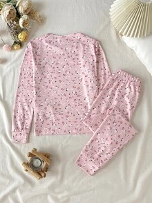 SHEIN 兒童青少年女孩修身長袖長褲花卉粉色睡衣套裝 - 粉色 - 查看 2