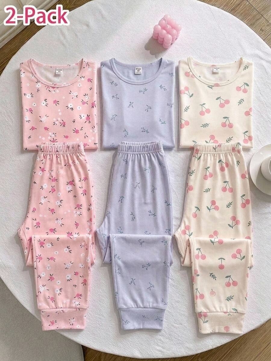 SHEIN 兒童青少年女孩修身長袖長褲花卉粉色睡衣套裝 - 粉色 - 查看 1