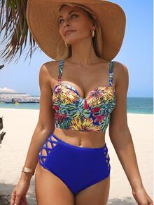 Swim Lushoire Bản in nhiệt đới Bộ Bikini Vòng thép Push-Up Cami ngọn & Thánh giá Eo cao Đáy 2 mảnh Bộ đồ tắm - Xanh đậm - Xem 5