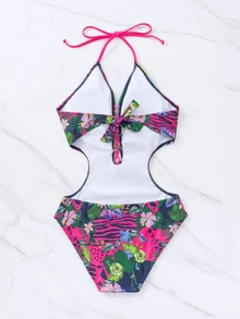 Swim Lushoire 夏季海滩花卉印花前系带连体泳衣女士泳装 - 彩色 - 查看 4