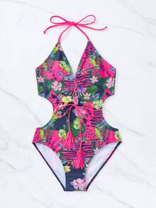 Swim Lushoire 夏季海滩花卉印花前系带连体泳衣女士泳装 - 彩色 - 查看 5