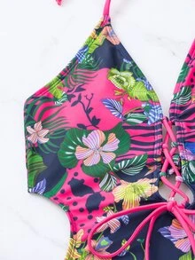 Swim Lushoire 夏季海滩花卉印花前系带连体泳衣女士泳装 - 彩色 - 查看 7