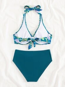 Swim Lushoire Women's Floral & Plant Print Bikini Set For Summer Vacation,Summer Beach - Multicolor - View 4