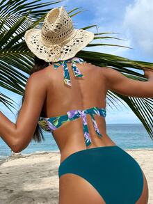 Swim Lushoire Women's Floral & Plant Print Bikini Set For Summer Vacation,Summer Beach - Multicolor - View 2