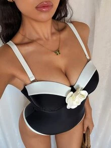 Elenzga Black & White Contrast Floral Decor PUSH UP Padded Underwire Bikini Top, Simple & Elegant For Women Fashion And Holiday For Summer Beach Vacation - Black and White - View 2