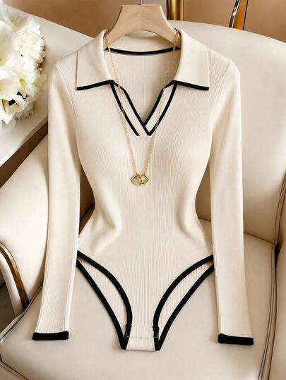 SHEIN Women's Colorblock Polo Collar Ribbed Knit Bodysuit, Slim Fit Long Sleeve Base Layer, French Black & White Trim Turn-Down Collar, High Elastic Waist-Shaping Innerwear, Cream White Contrast Trim V-Neck Polo Knit Bodysuit, Vertical Stripe Slimming