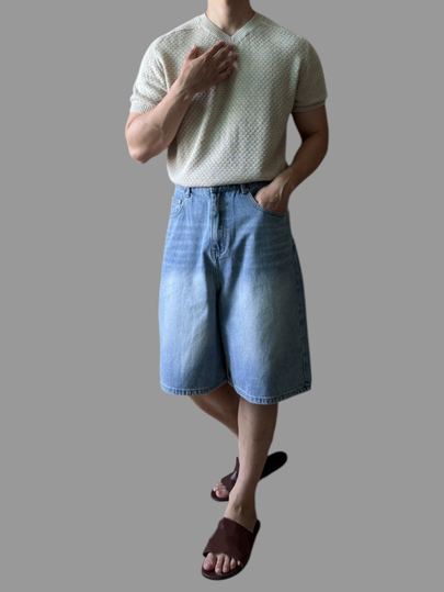 DAZY Pantalones cortos de hombre de denim azul lavado y desgastado para otoño