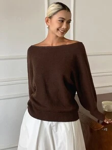DAZY 素色修身船領五分袖休閒優雅秋冬女款針織上衣 - 棕色 - 查看 5